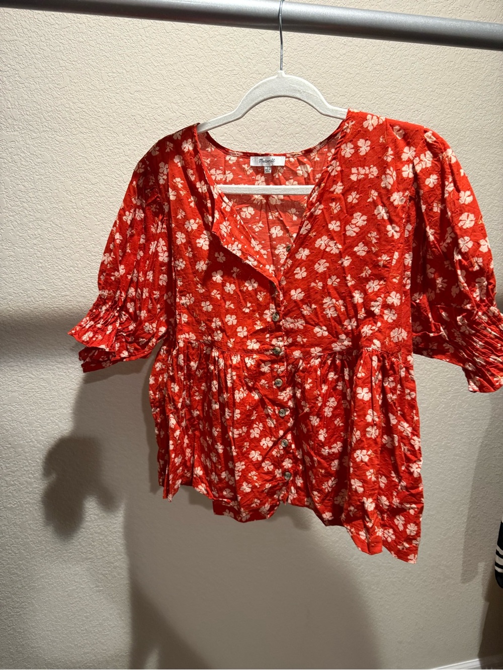 Madewell Red Floral Button-Front Peplum Blouse
